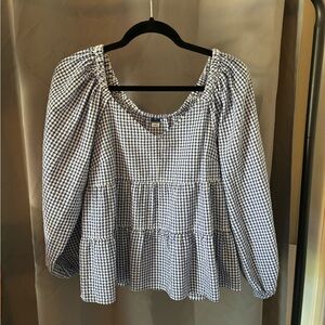 Seersucker, tiered blouse. Perfect with white jeans.